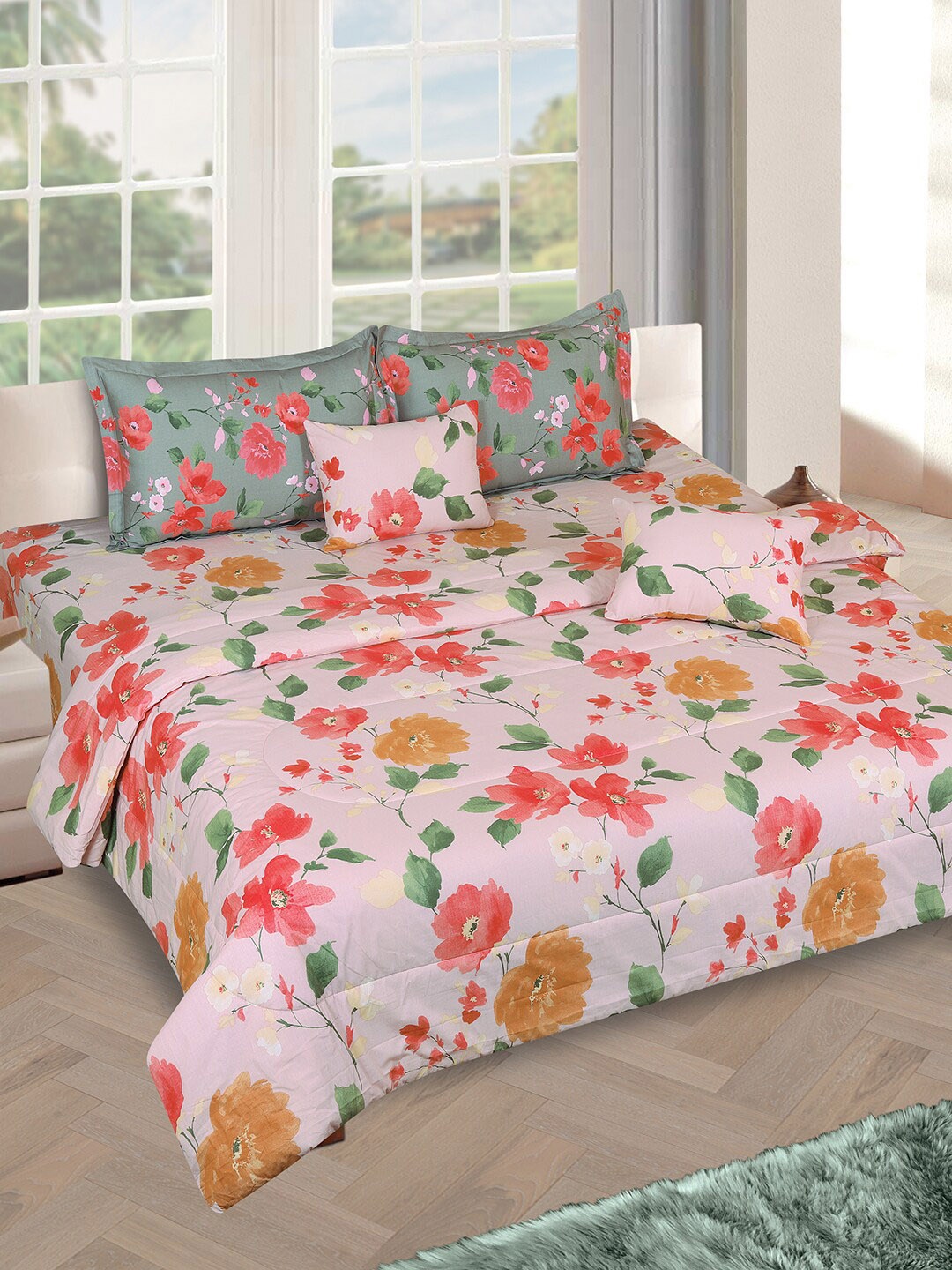 

ROMEE Pink & Green Floral Printed Cotton Double King Bedding Set
