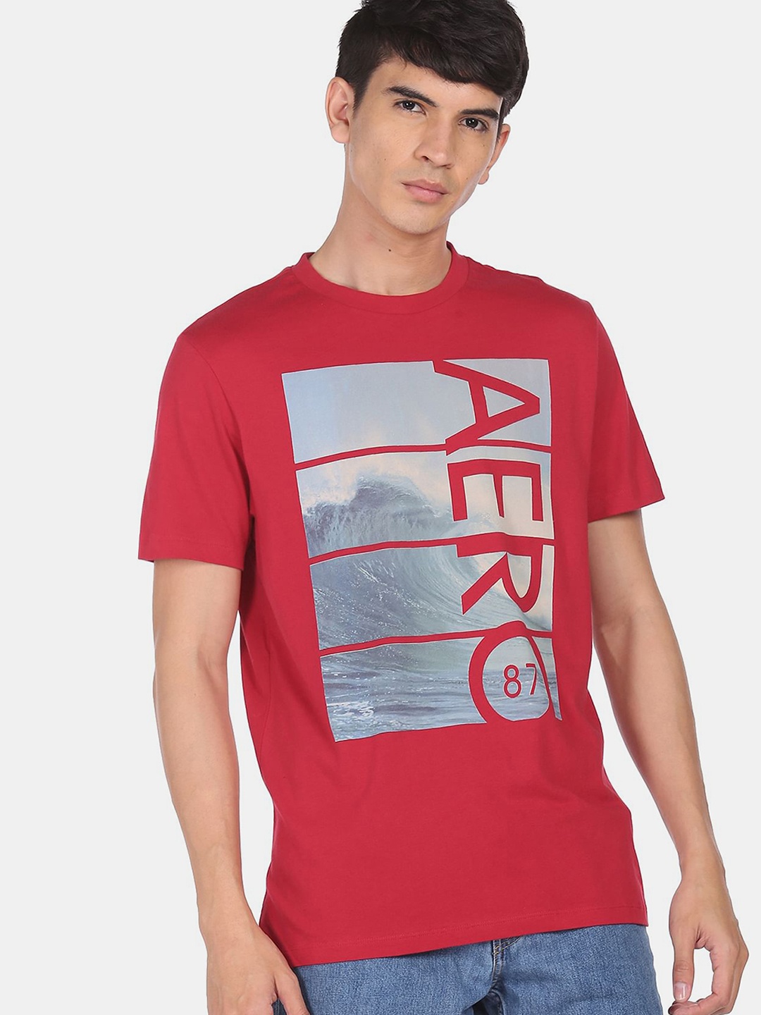 

Aeropostale Men Red & Blue Printed Cotton T-shirt