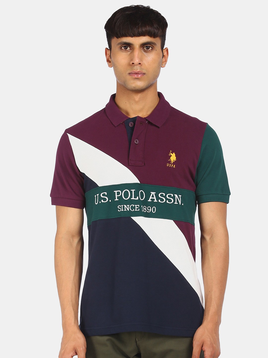 

U S Polo Assn Men Purple & Navy Blue Colourblocked Polo Collar T-shirt