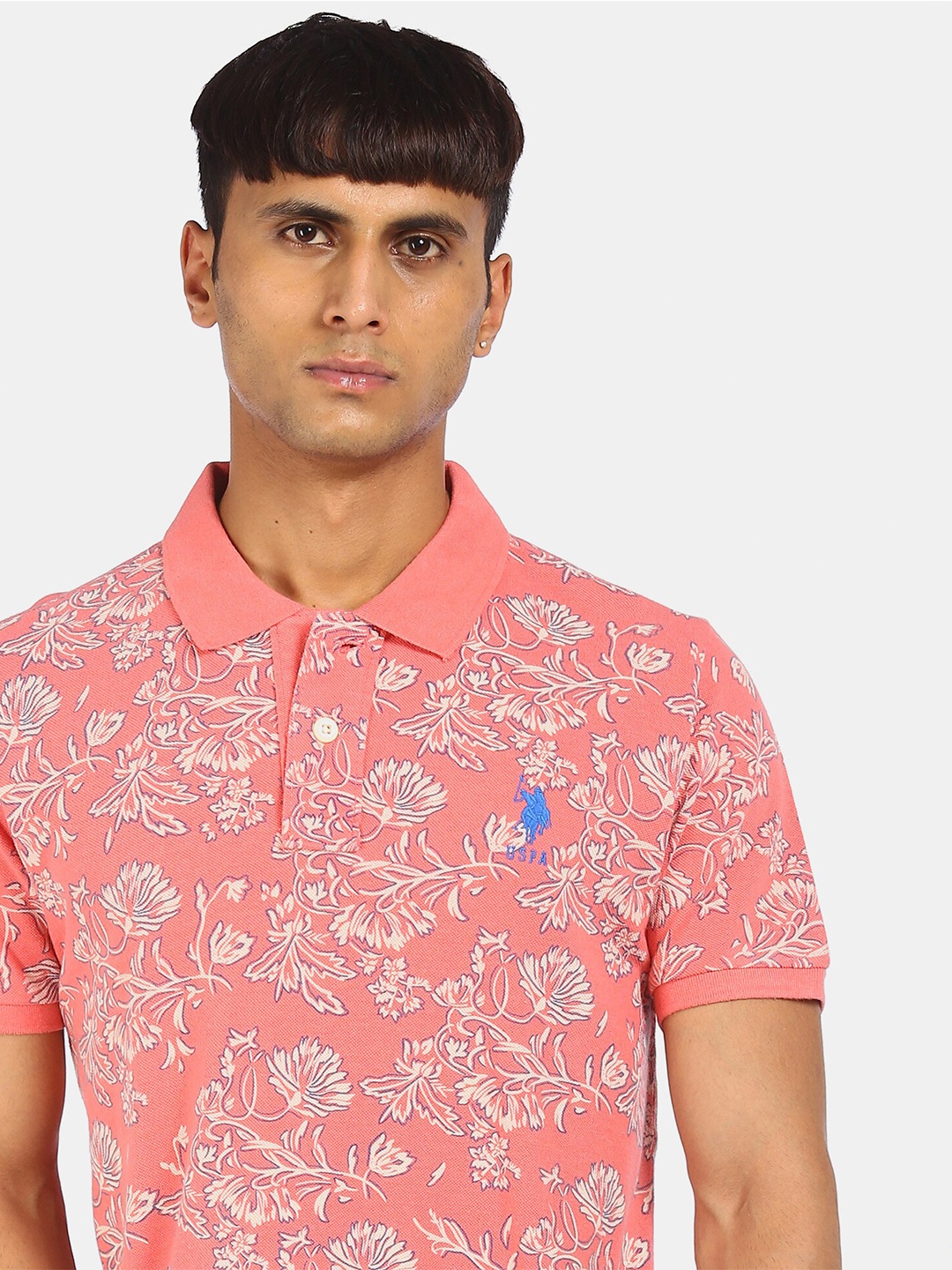 

U S Polo Assn Men Pink Floral Printed Cotton Polo Collar Pure Cotton T-shirt