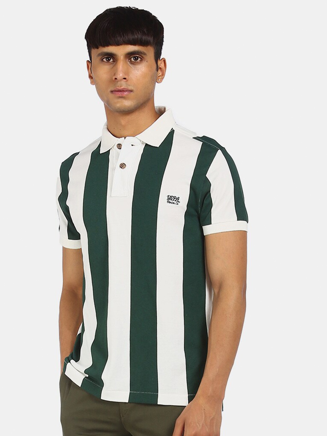 

U.S. Polo Assn. Denim Co. Men White & Green Striped Polo Collar T-shirt