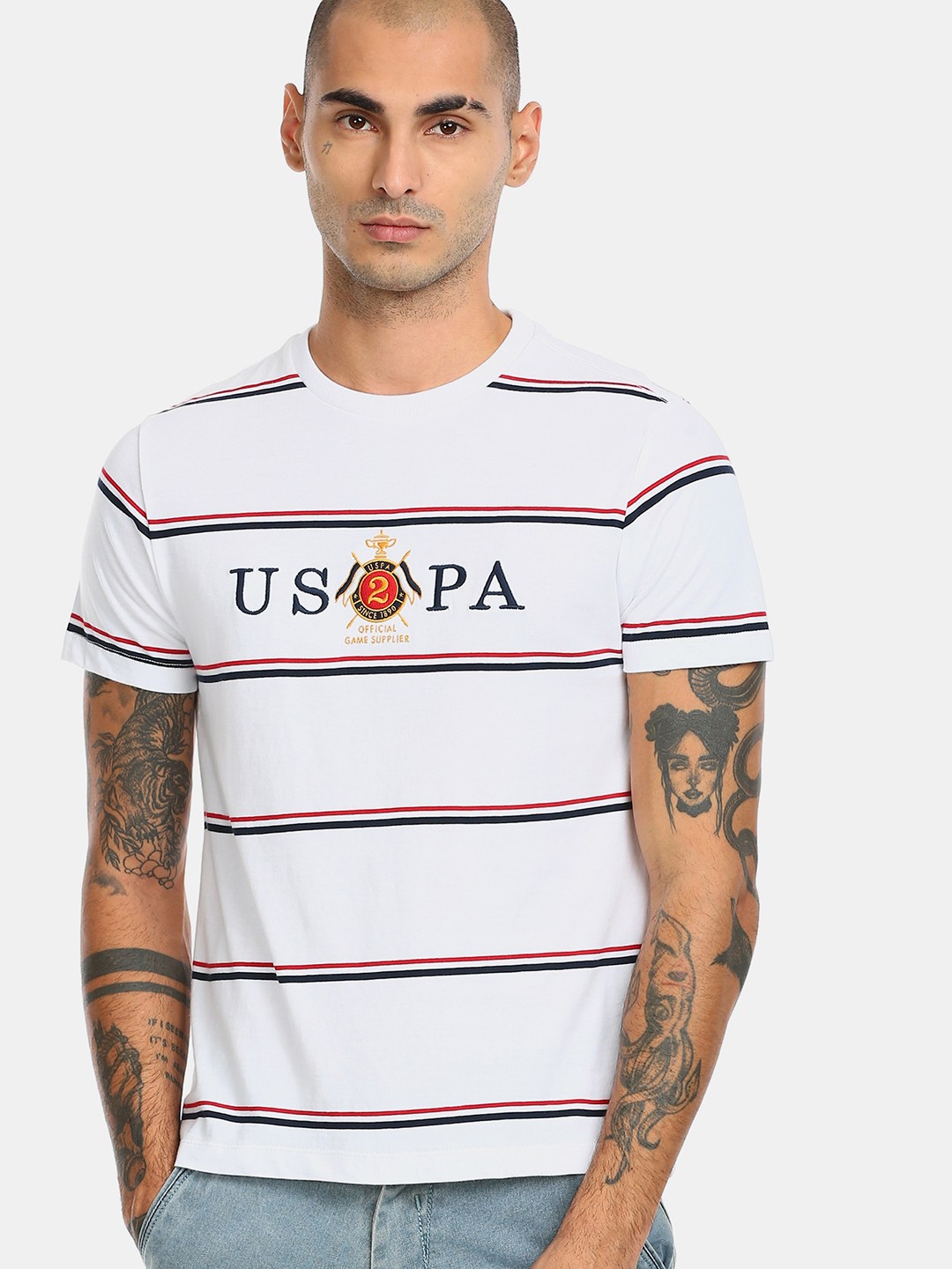 

U S Polo Assn Men White & Red Striped T-shirt