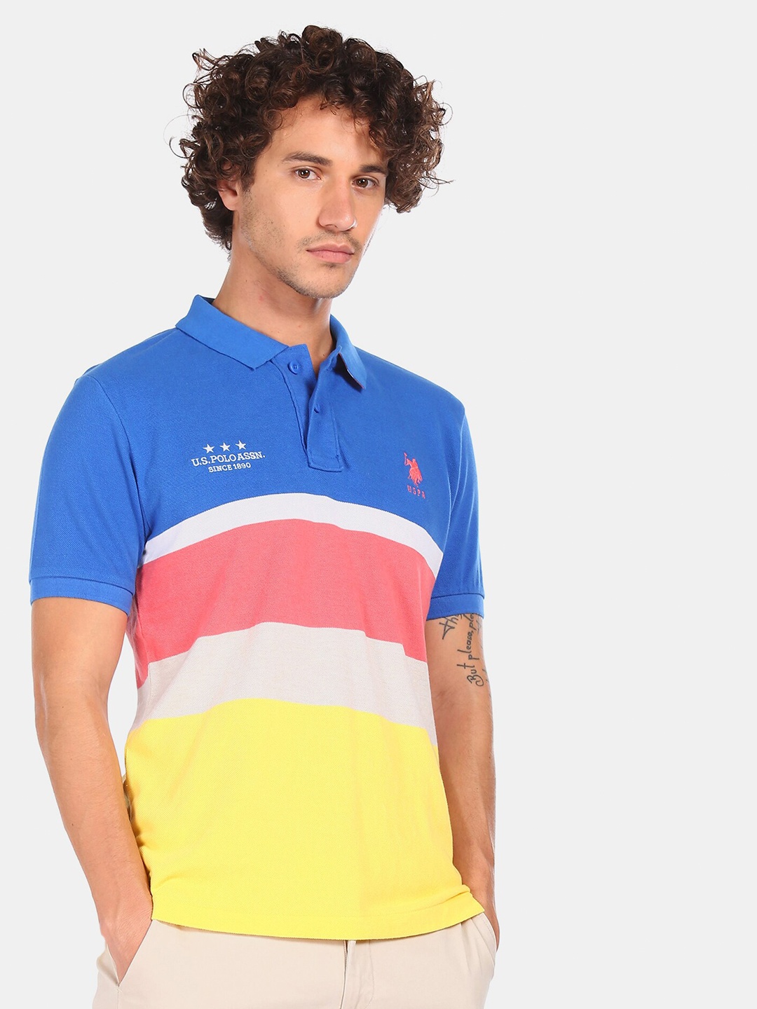 

U S Polo Assn Men Blue & Yellow Striped Polo Collar T-shirt