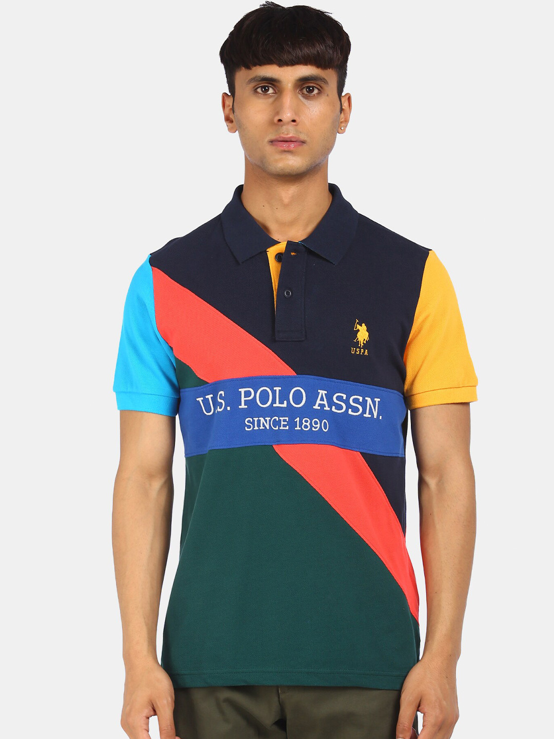 

U S Polo Assn Men Navy Blue & Red Colourblocked Polo Collar T-shirt