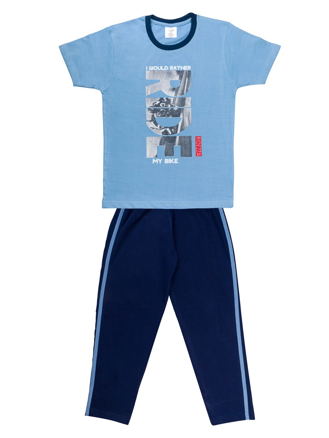 

Todd N Teen Boys Blue Printed Tshirt & Track Pants Set