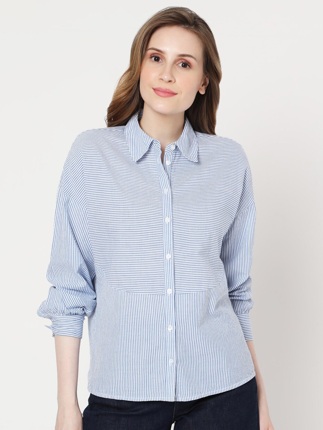 

Vero Moda Blue Striped Extended Sleeves Shirt Style Top