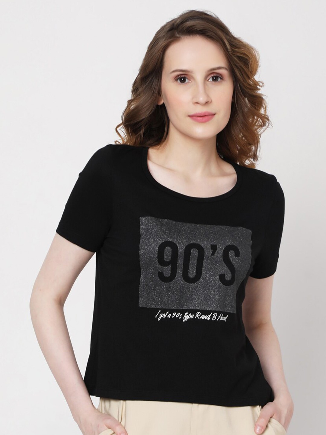 

Vero Moda Women Black & Grey Typography Printed Extended Sleeves T-shirt
