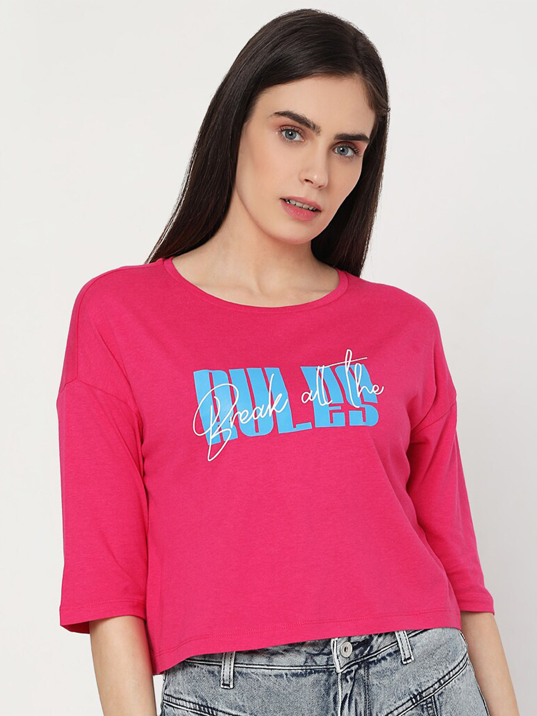 

Vero Moda Women Pink Typography Printed T-shirt