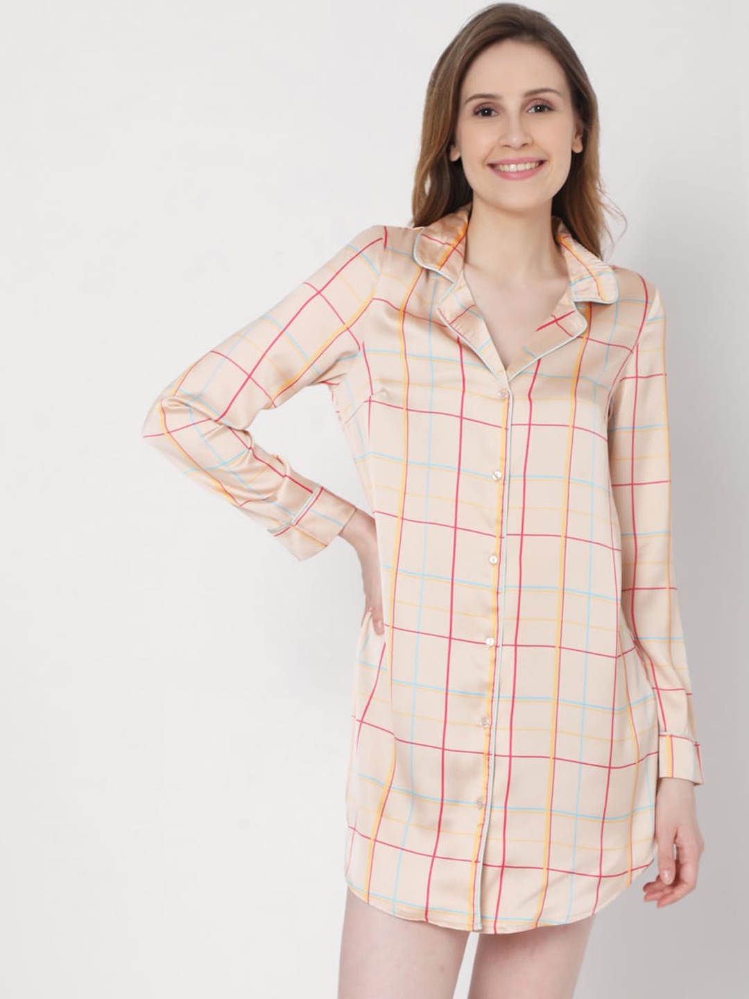 

Vero Moda Beige & Coral Checked Shirt Mini Dress