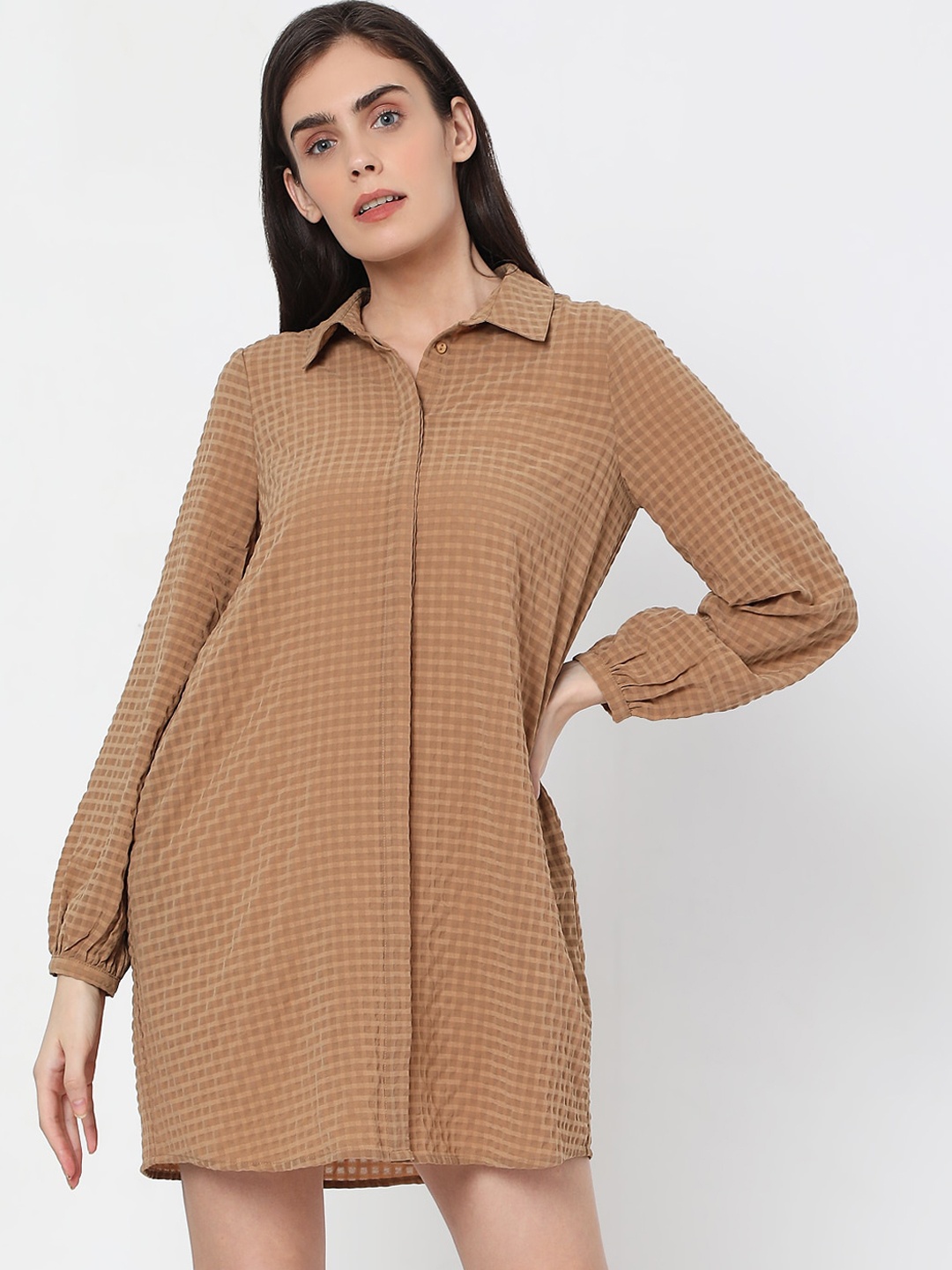 

Vero Moda Women Brown Checked Shirt Dress