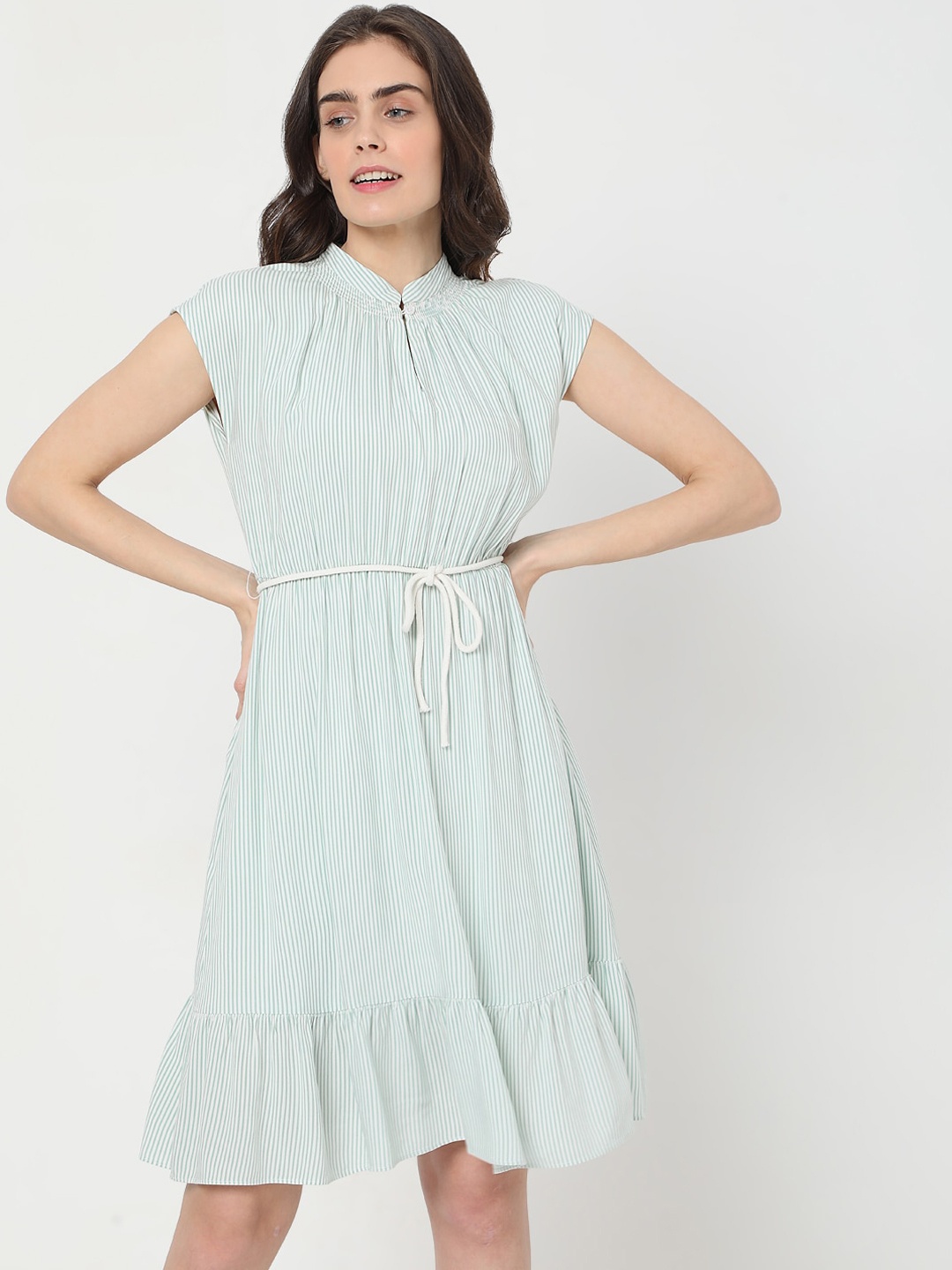 

Vero Moda Green Striped Mandarin Collar Dress
