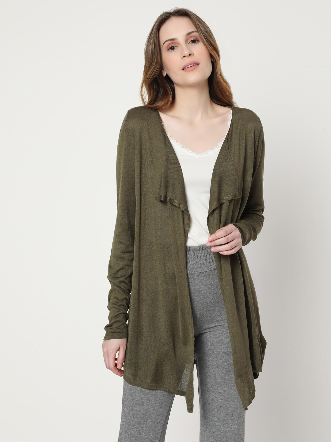 

Vero Moda Women Olive Solid Casual Longline Shrug