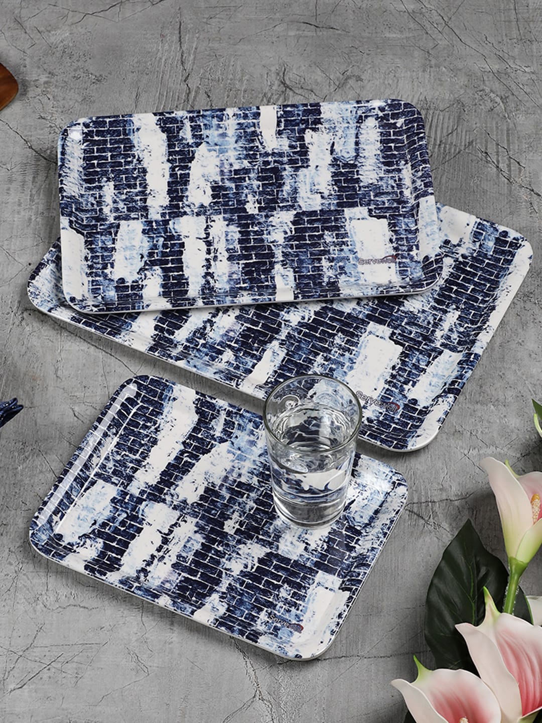 

Servewell Set of 3 Blue & White Printed Serving Trays