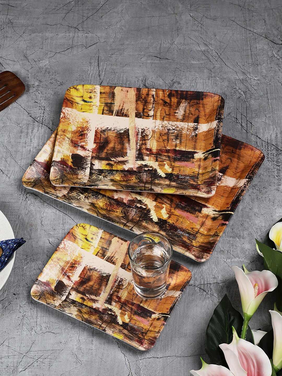 

Servewell Set of 3 Brown Printed Serving Trays