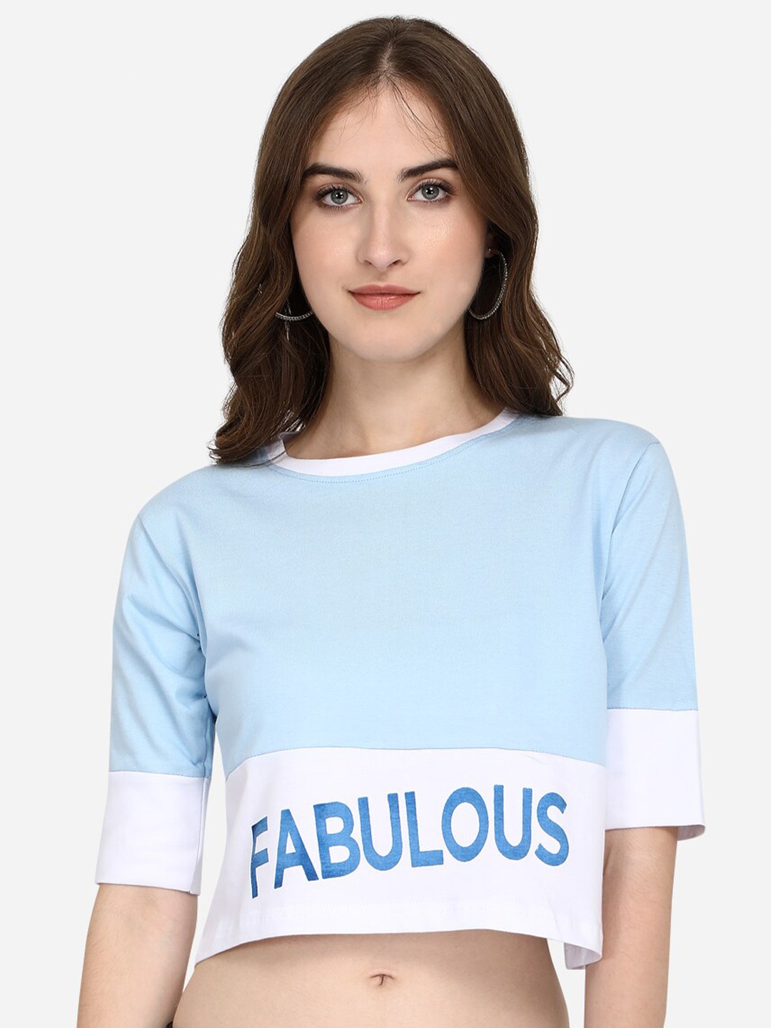 

OM SAI LATEST CREATION Blue and White Lycra Printed Regular Crop Top