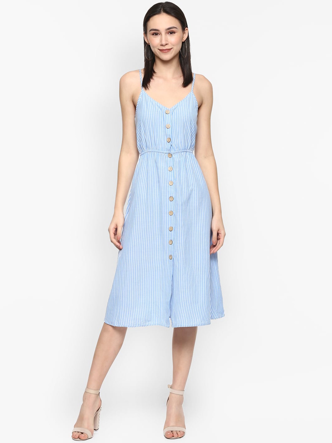 

Porsorte Blue Striped Shoulders Straps Cotton Midi Dress