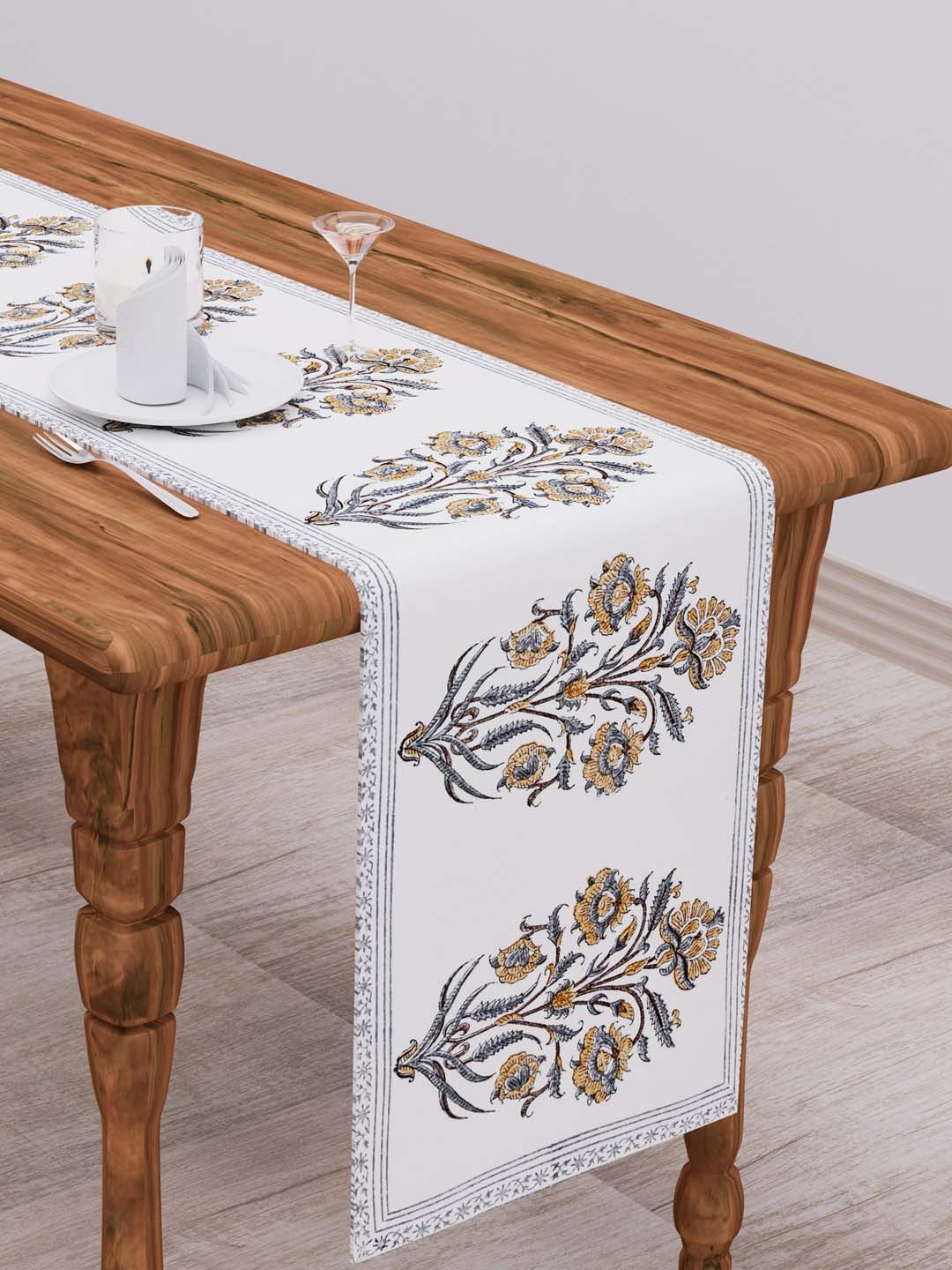 

Clasiko White & Yellow Floral Printed Pure Cotton Table Runner