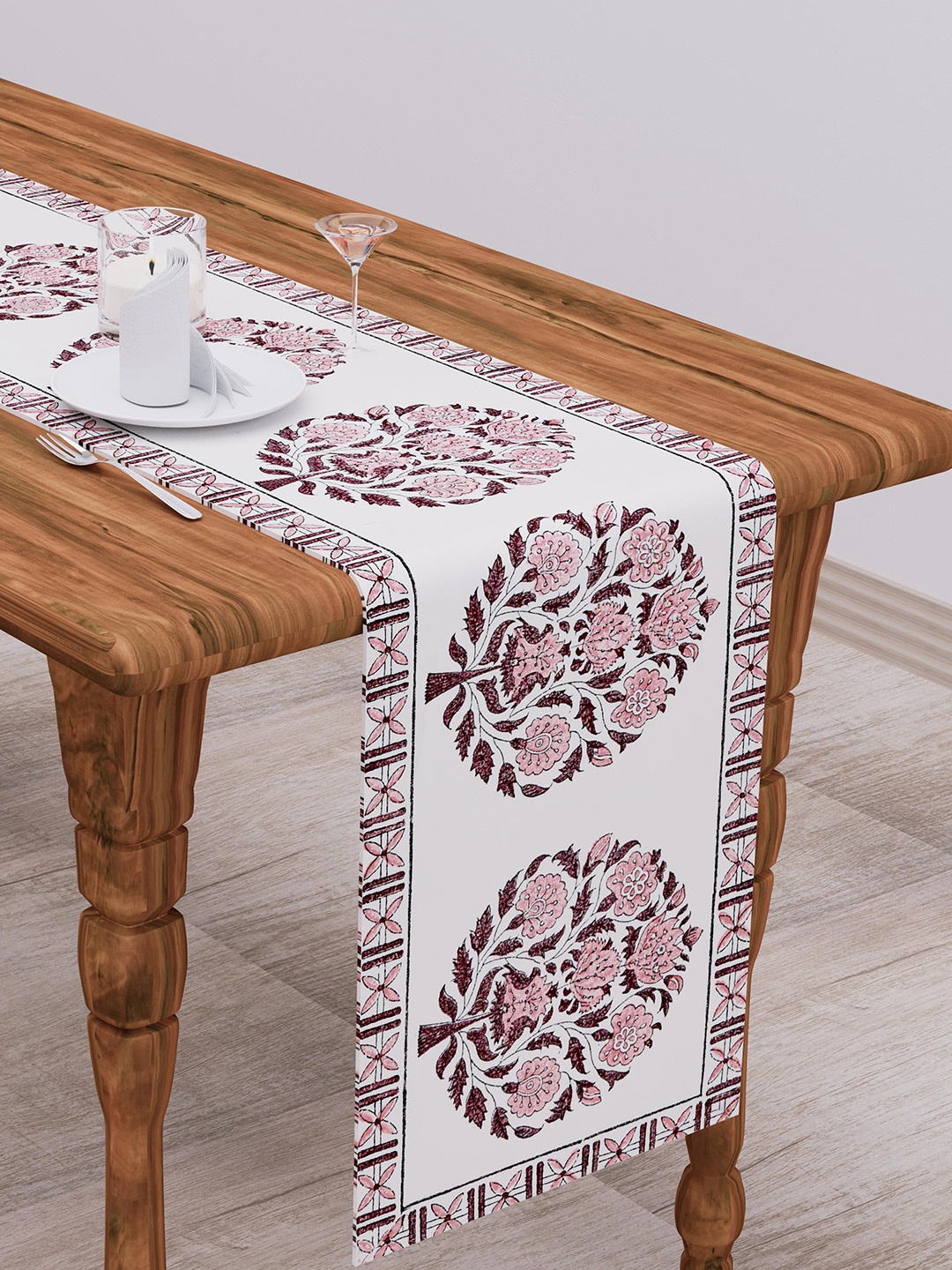 

Clasiko White & Pink Floral Printed Pure Cotton Table Runner
