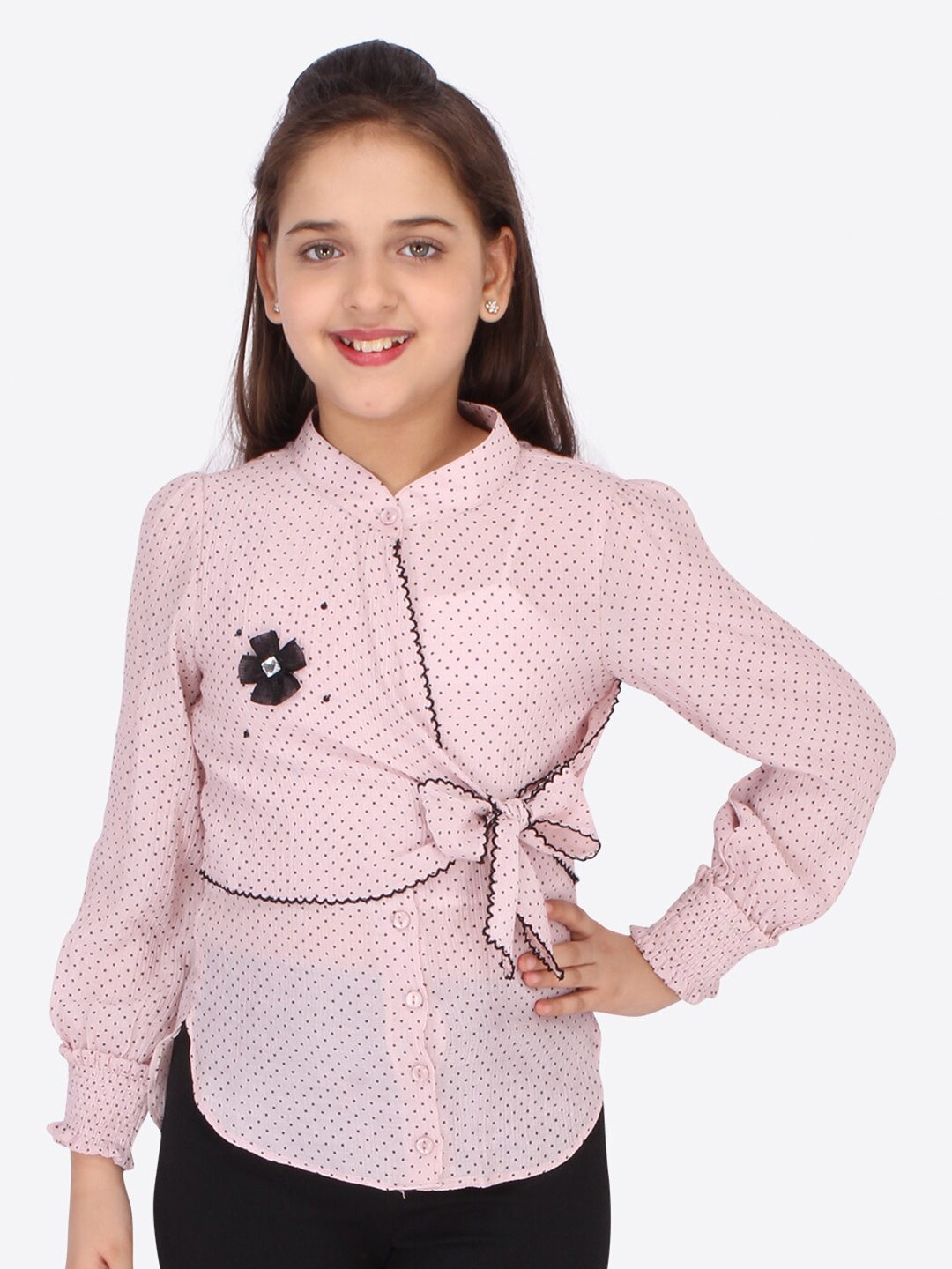 

CUTECUMBER Pink & Black Mandarin Collar Printed Polka Dot Georgette Shirt Style Top