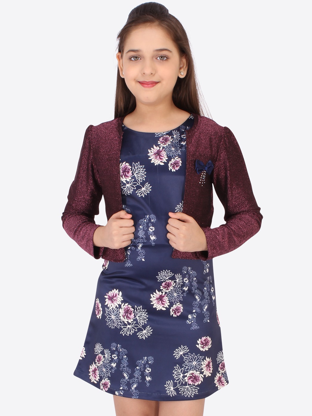 

CUTECUMBER Girls Navy Blue & White Floral Printed Satin A-Line Dress with Shrug