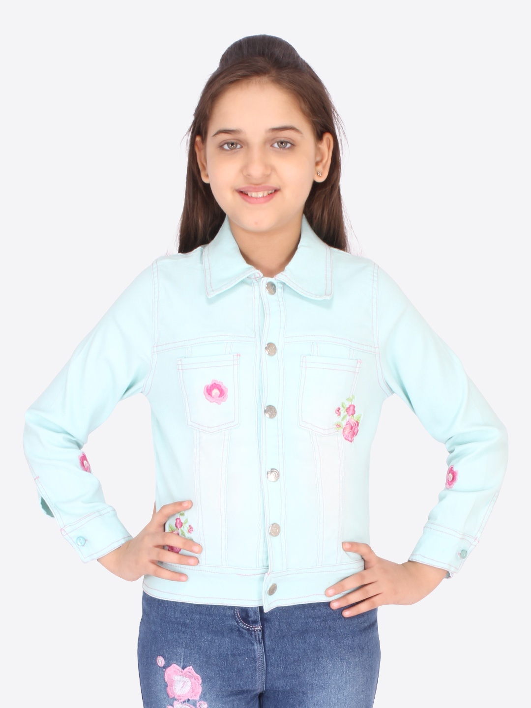 

CUTECUMBER Girls Blue Floral Crop Denim Jacket with Embroidered