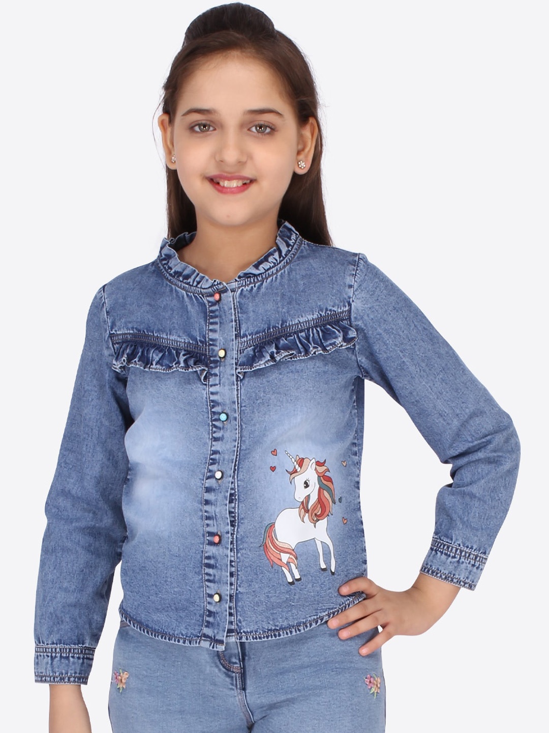 

CUTECUMBER Girls Blue & White Washed Denim Jacket