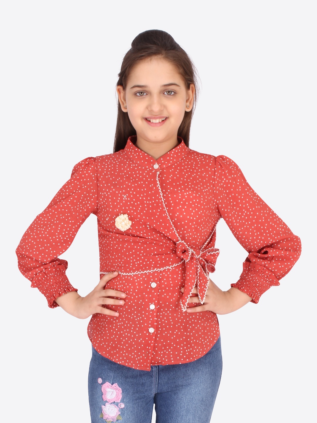 

CUTECUMBER Girls Rust & White Mandarin Collar Georgette Shirt Style Top