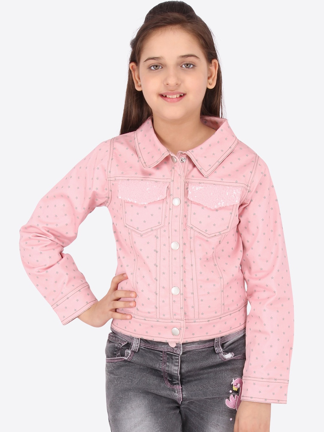 

CUTECUMBER Girls Pink Washed Denim Jacket
