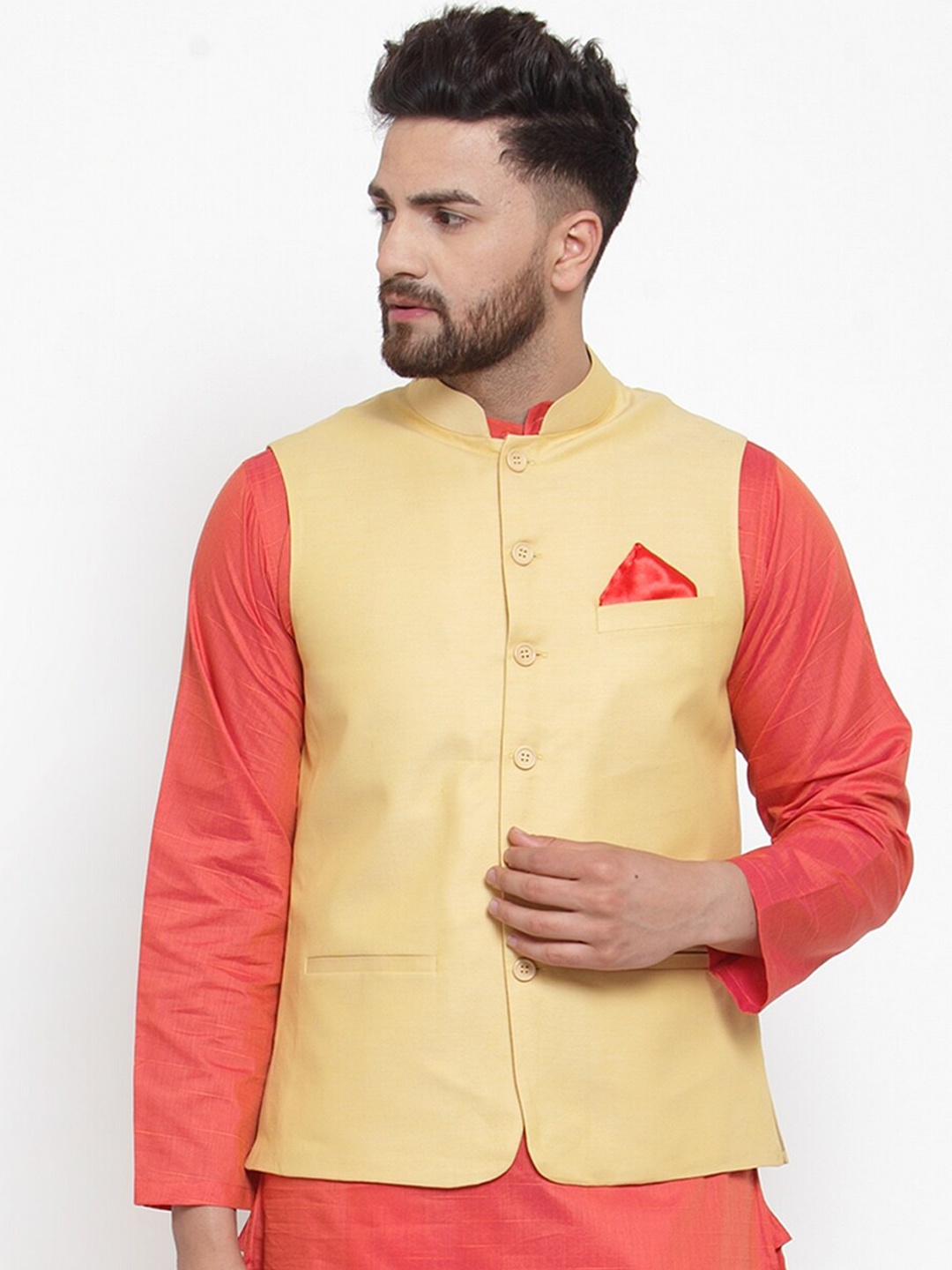 

NEUDIS Men Cream Coloured Woven Design Pure Cotton Nehru Jacket