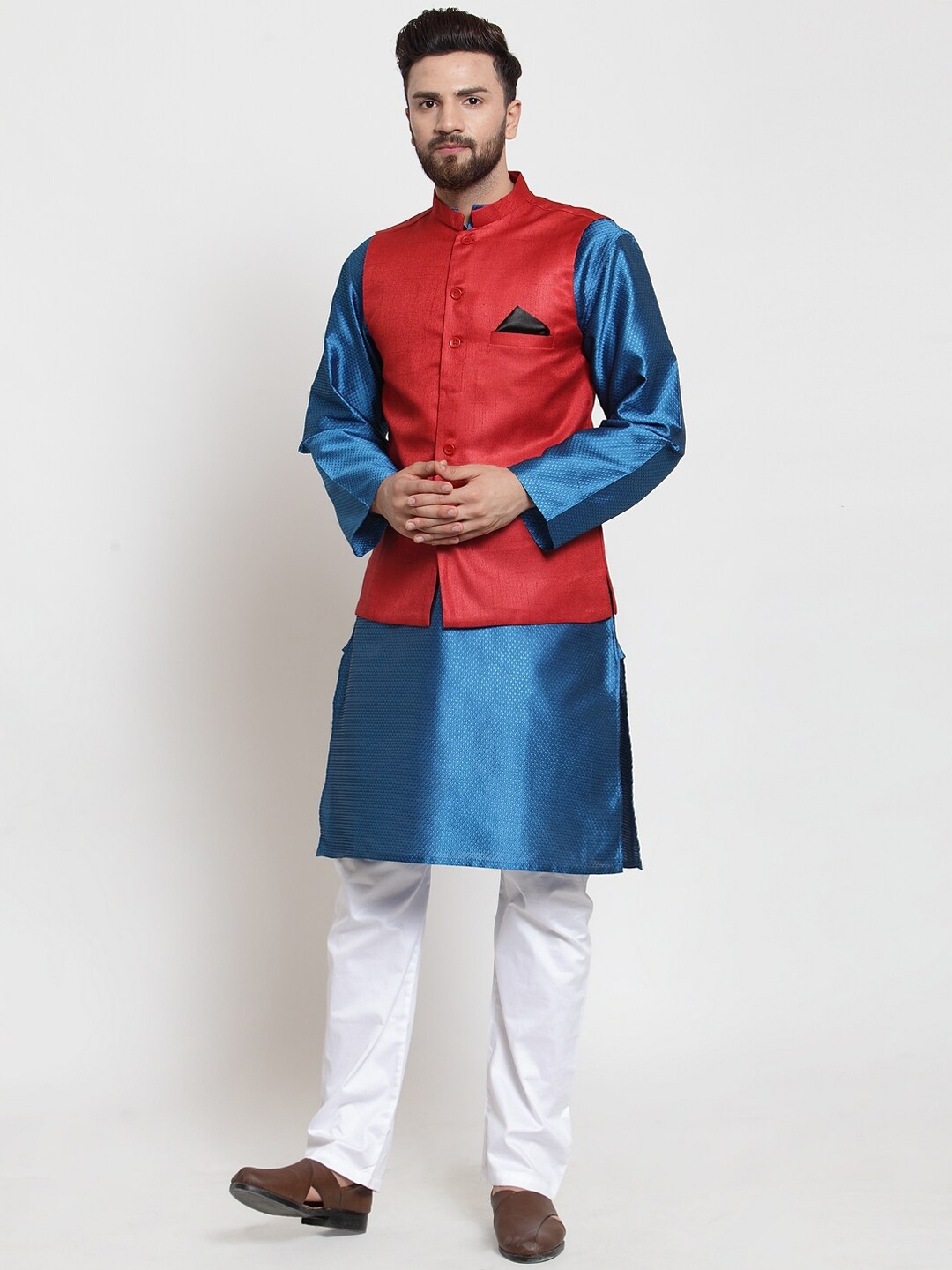 

NEUDIS Men Red Woven Design Nehru Jacket