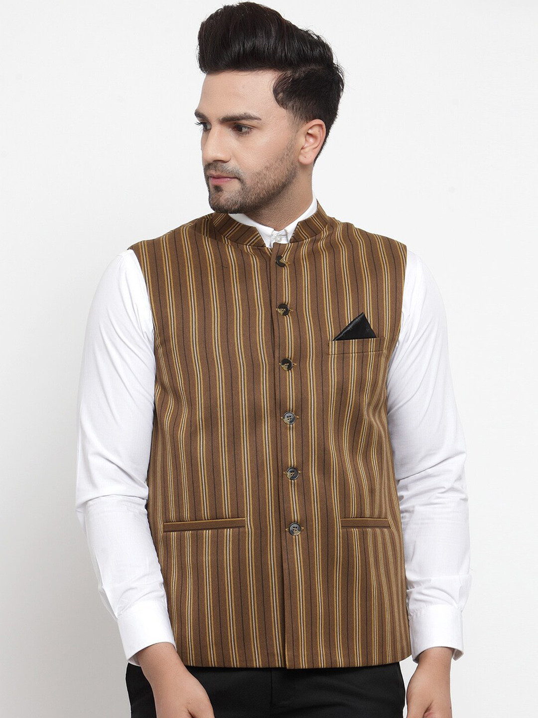 

NEUDIS Men Brown & Yellow Striped Woven Wool Nehru Jacket