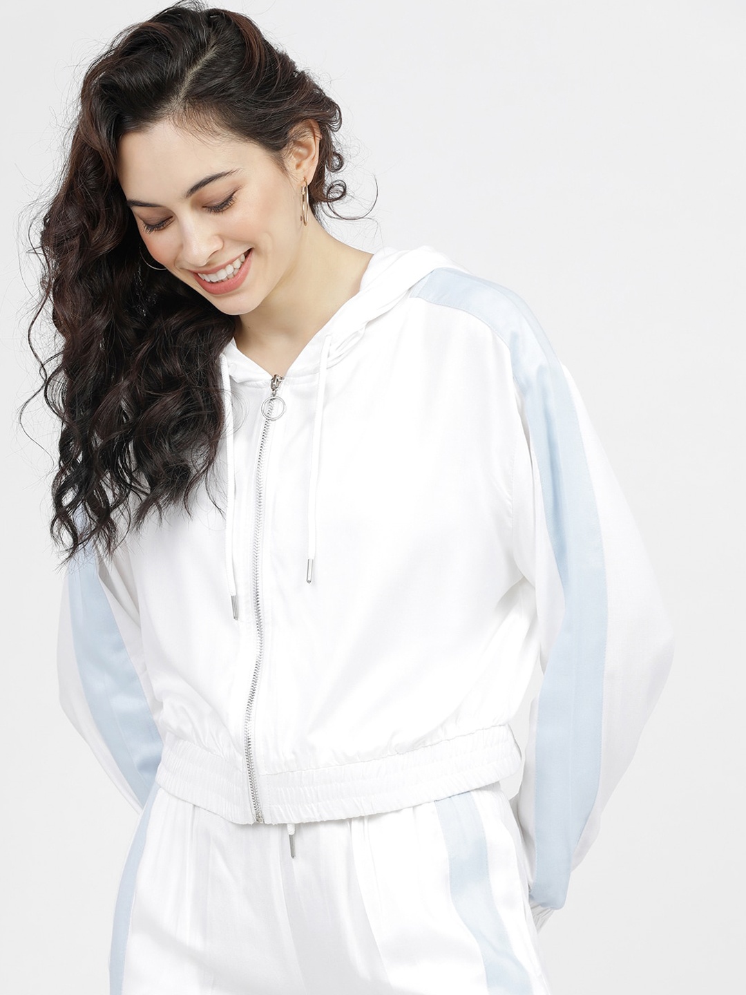 

Tokyo Talkies Women White Blue Crop Hooded Jacket