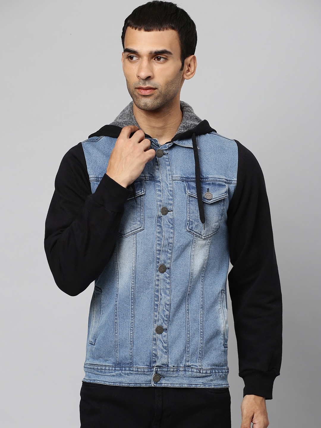 

Campus Sutra Men Blue Black Washed Cotton Colourblocked Windcheater Denim Jacket