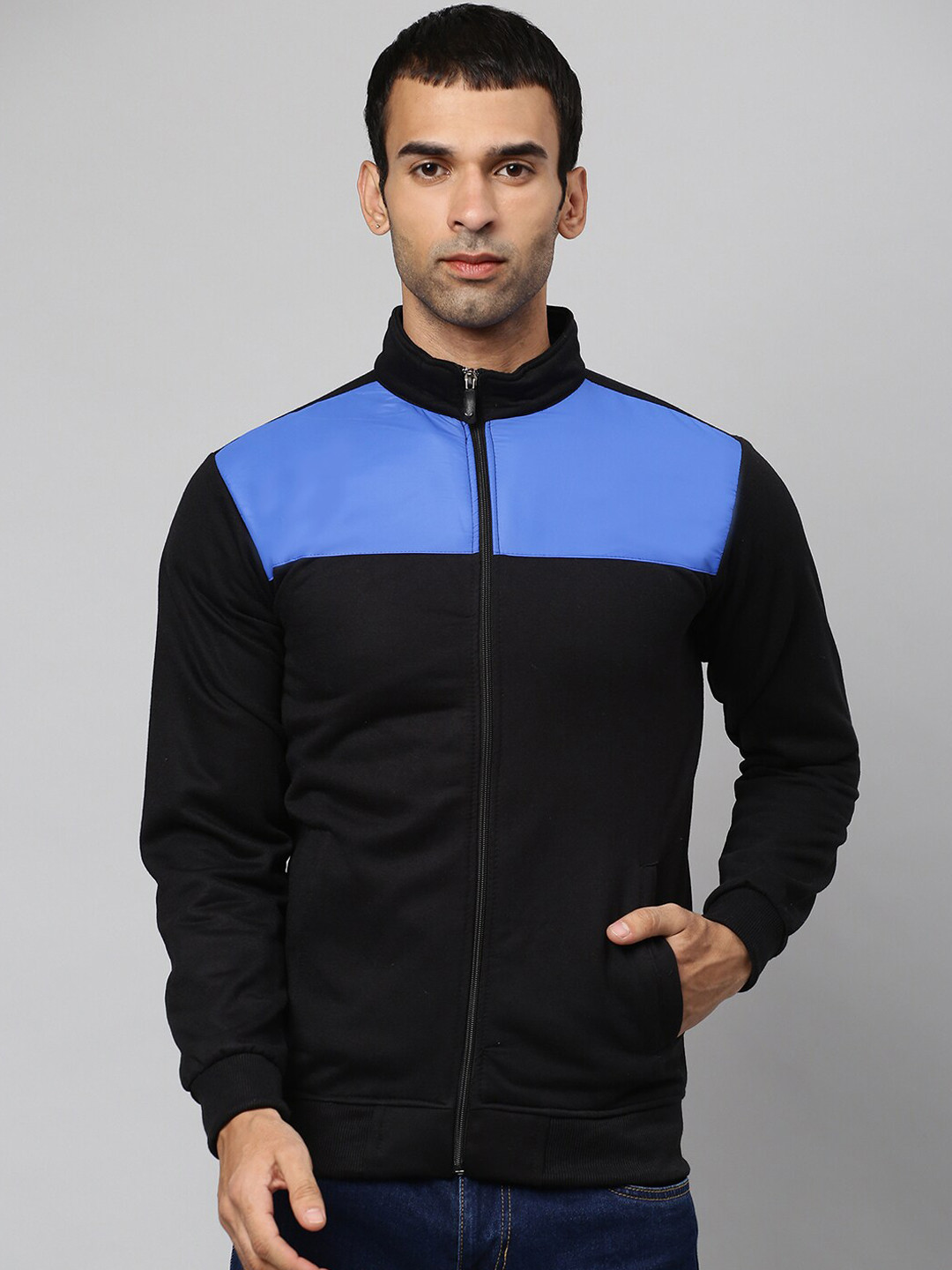 

Campus Sutra Men Black Cotton Colourblocked Windcheater Bomber Jacket