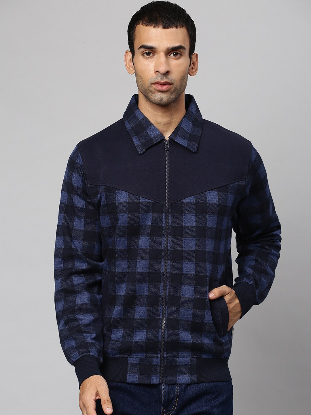 

Campus Sutra Men Navy Blue Cotton Checked Windcheater Tailored Jacket
