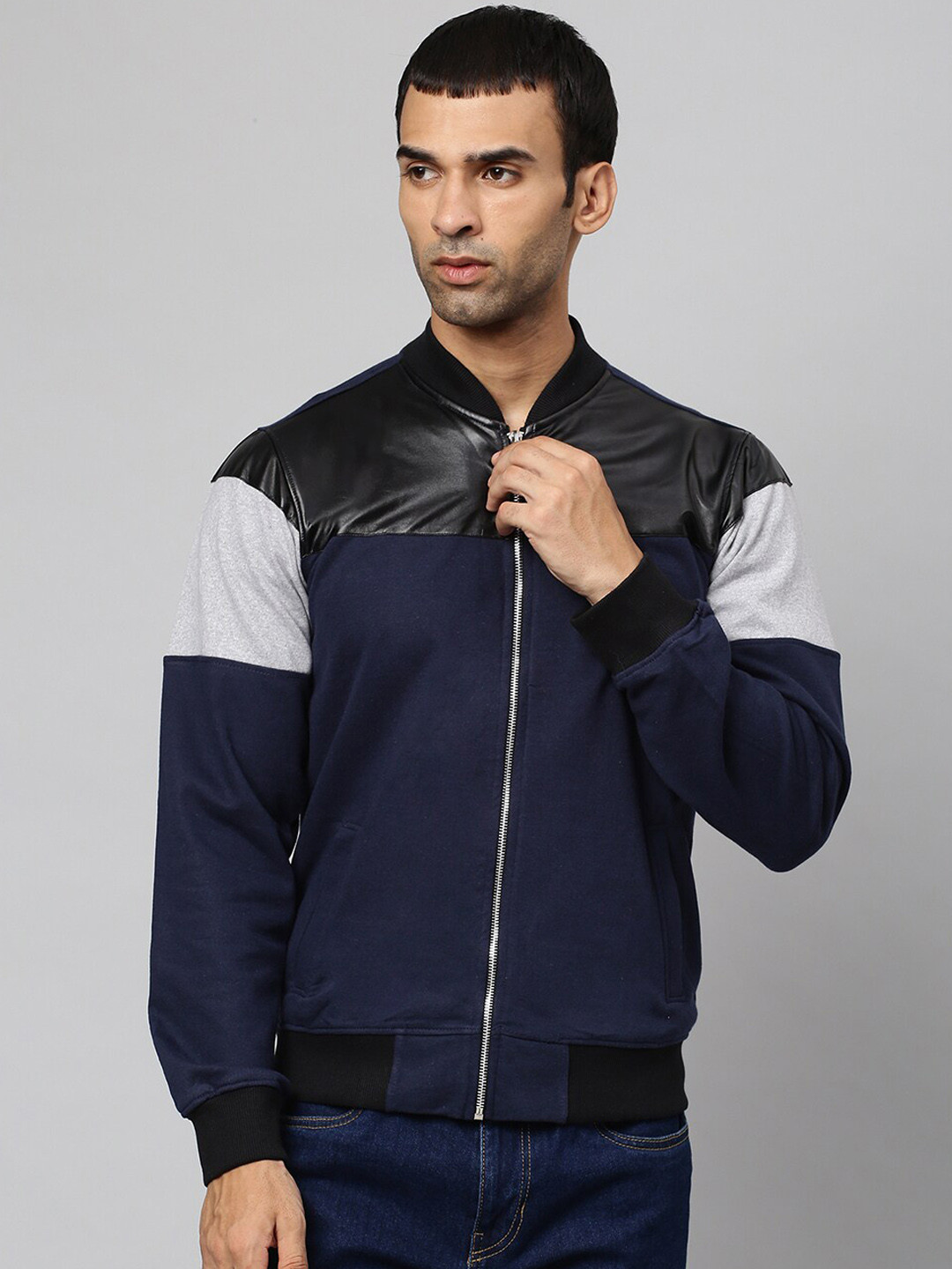 

Campus Sutra Men Blue & Black Cotton Colourblocked Windcheater Bomber Jacket