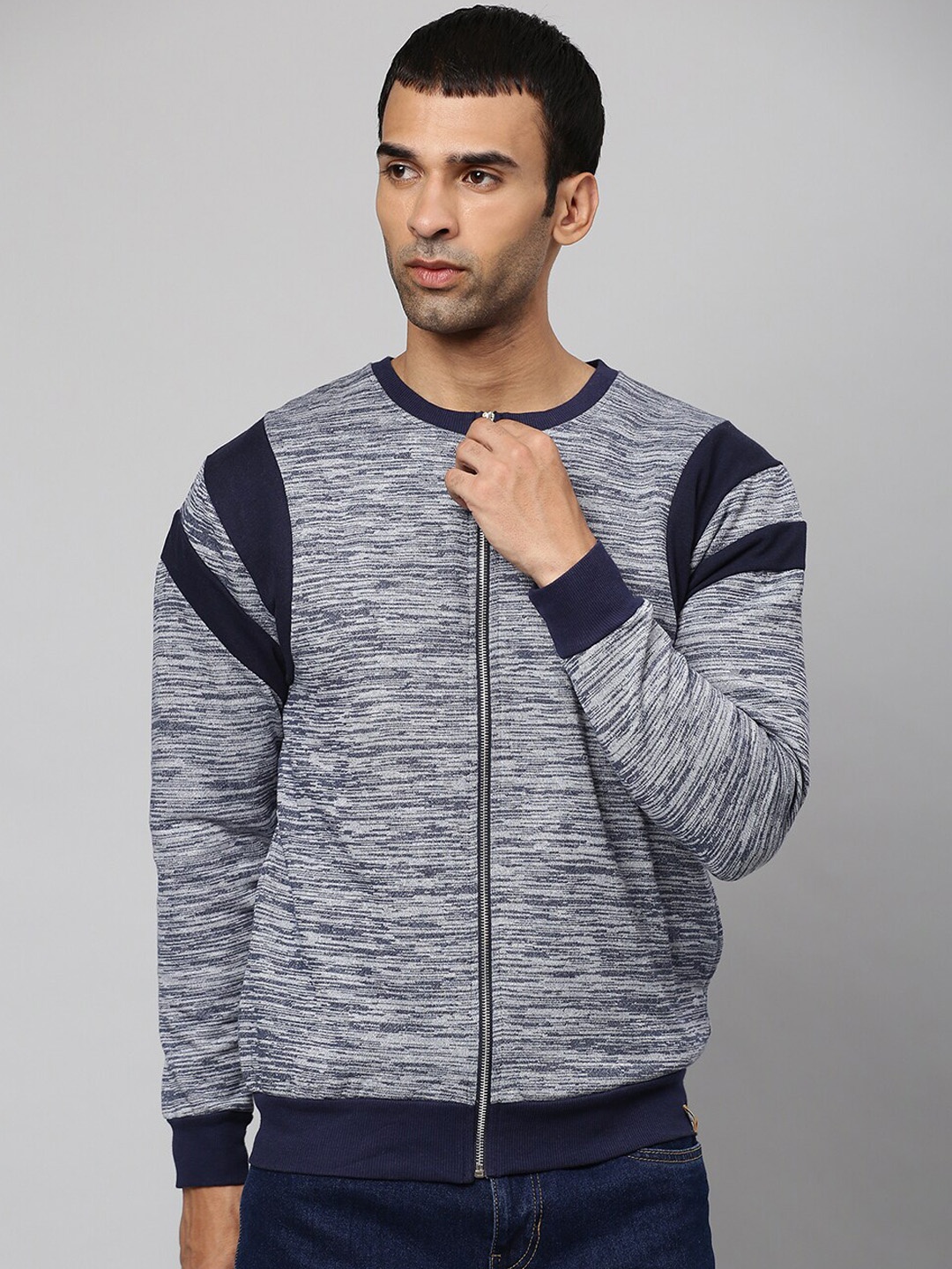 

Campus Sutra Men Grey & Navy Blue Self Design Cotton Windcheater Open Front Jacket