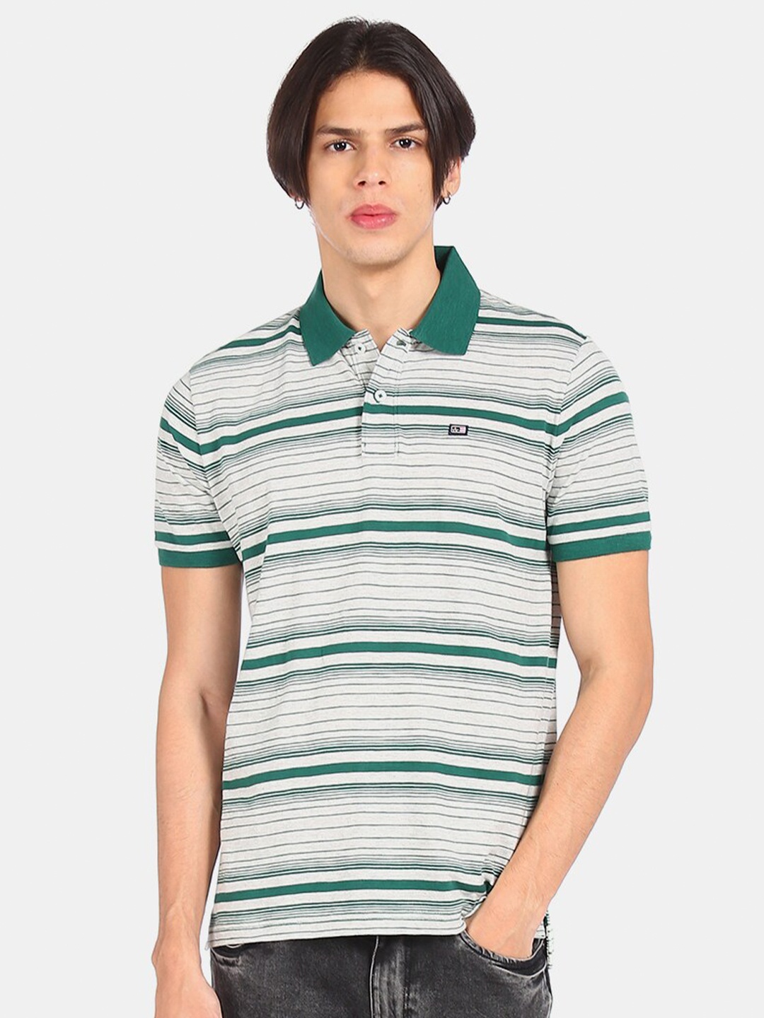 

Arrow Sport Men Green Off White Striped Polo Collar Pure Cotton T-shirt