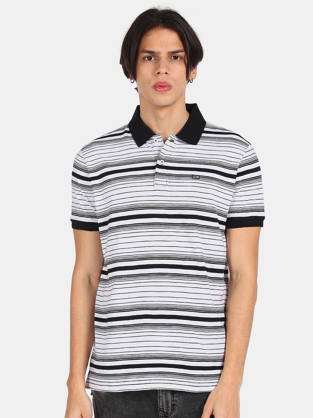 

Arrow Sport Men Black White Striped Polo Collar Pure Cotton T-shirt