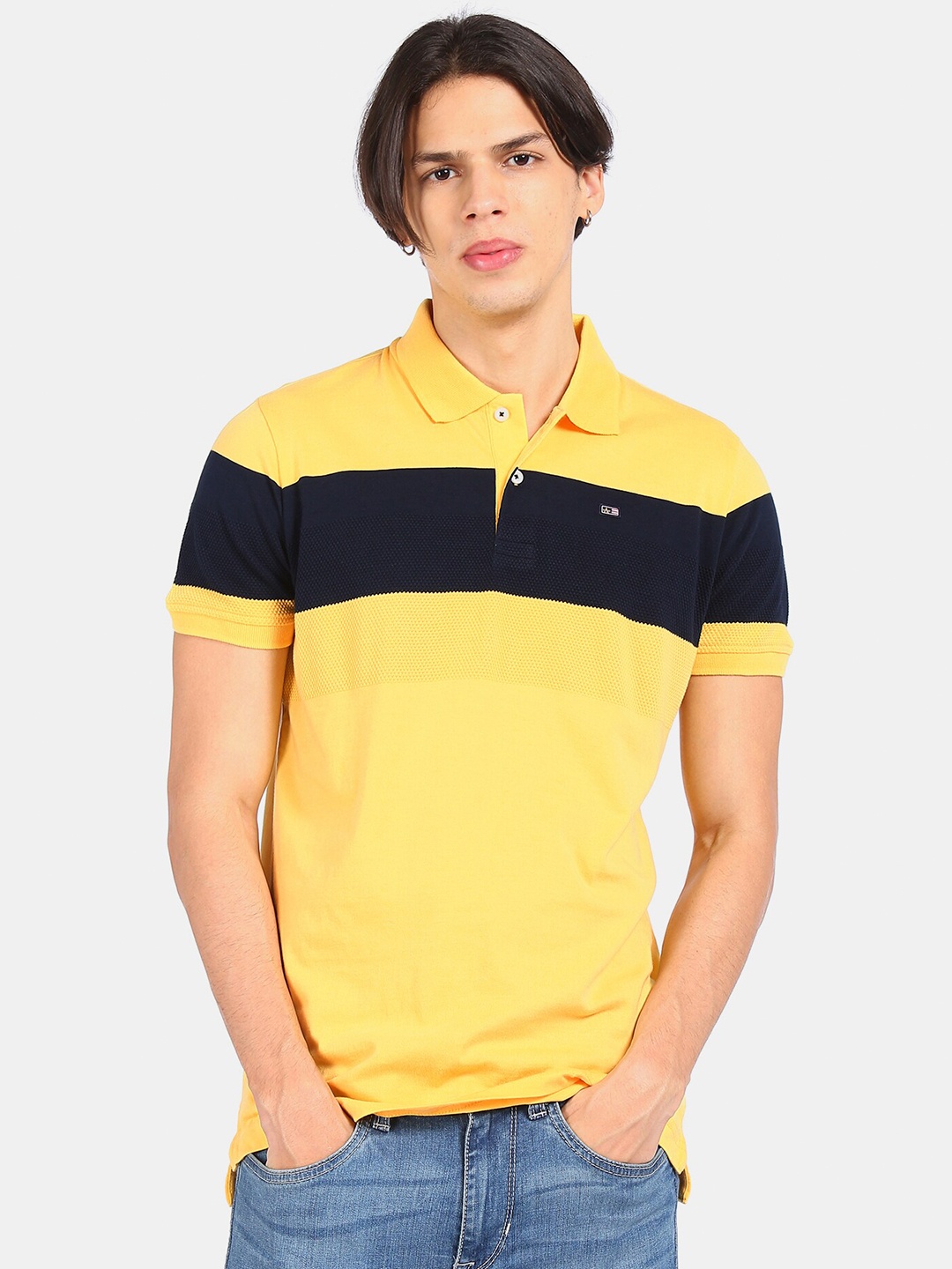 

Arrow Sport Men Yellow Black Colourblocked Polo Collar Pure Cotton T-shirt