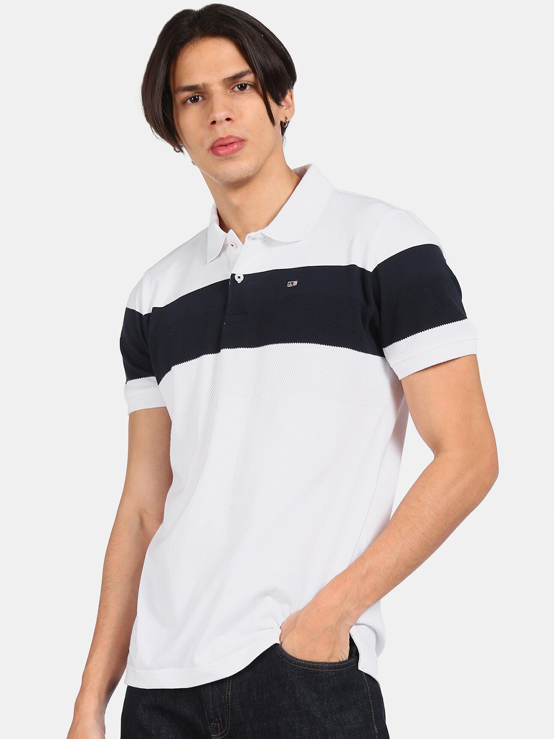 

Arrow Sport Men White Black Colourblocked Polo Collar Monochrome Pure Cotton T-shirt