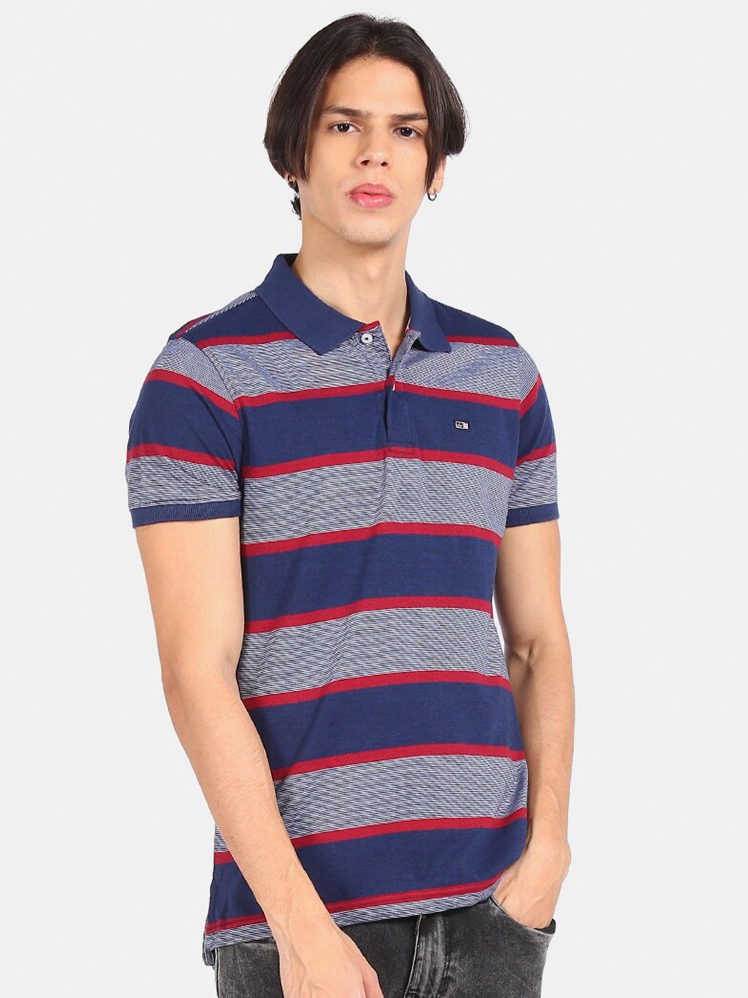 

Arrow Sport Men Blue & Red Striped Polo Collar Cotton T-shirt