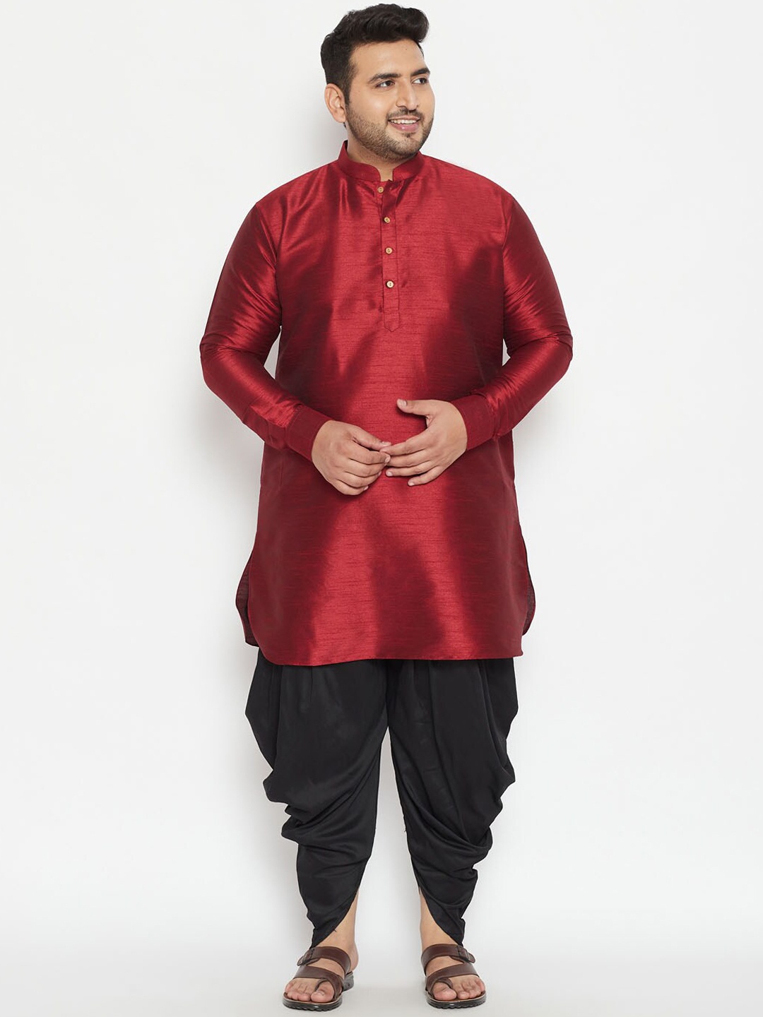 

VASTRAMAY Men Maroon Silk Blend Kurta with Dhoti Set