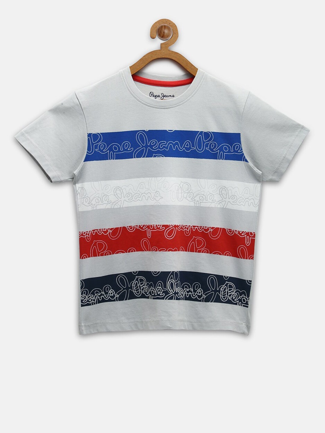 

Pepe Jeans Boys Silver-Toned Blue Striped Pure Cotton T-shirt