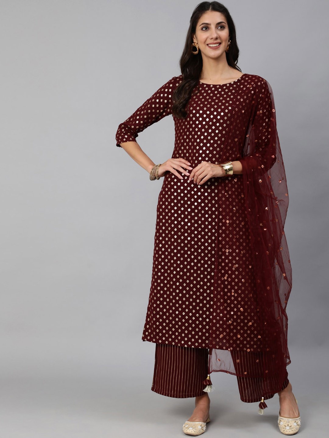 

Nayo Women Maroon Ethnic Motifs Foil Printed Sequinned Kurta with Palazzos & Dupatta