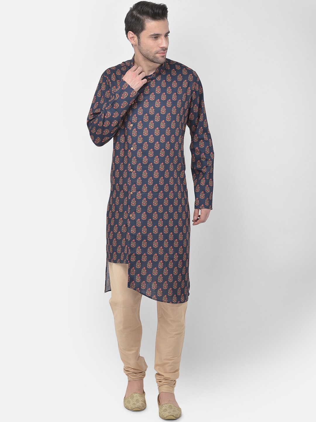 

TABARD Men Blue & Coral Ethnic Motifs Printed Kurta