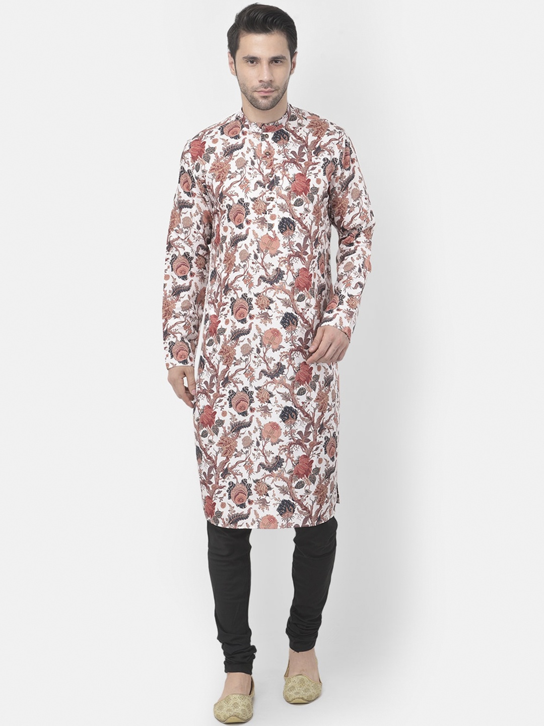

TABARD Men White Floral Printed Straight Kurta