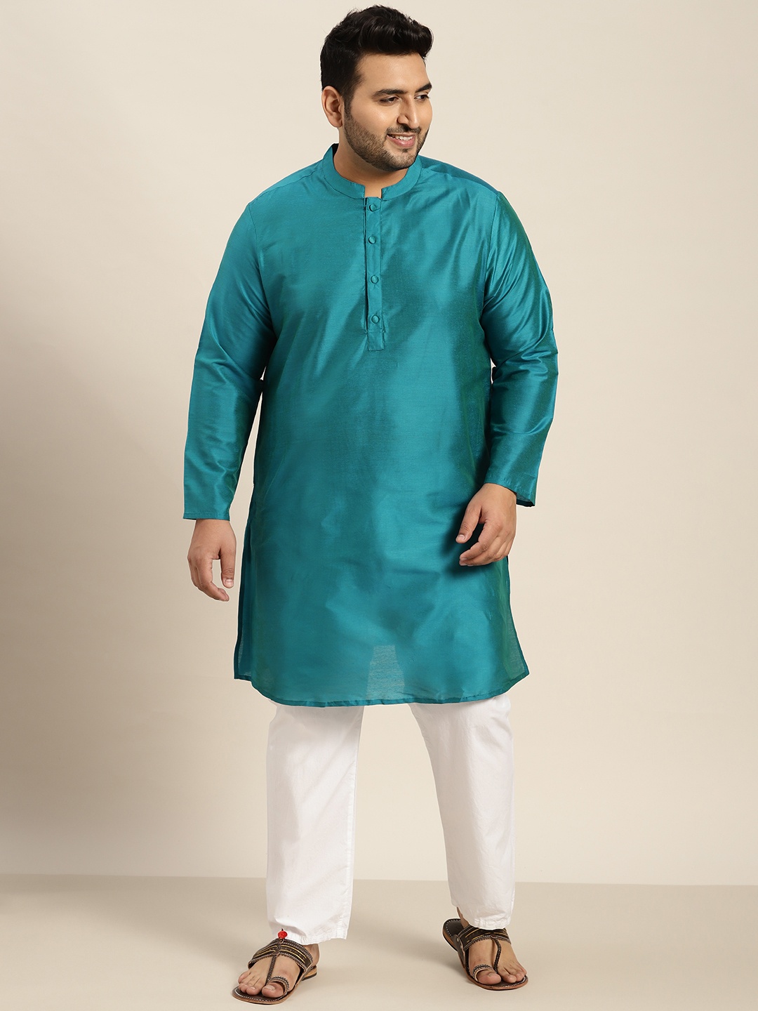 

Sztori Plus Size Men Teal Green Solid Straight Kurta