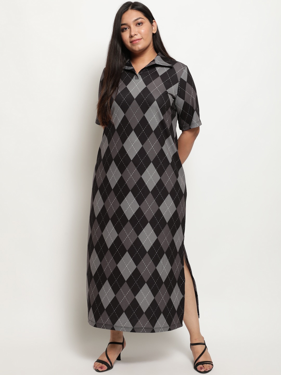 

Amydus Women Plus Size Black & Grey Argyle Side Slit Shirt Maxi Dress