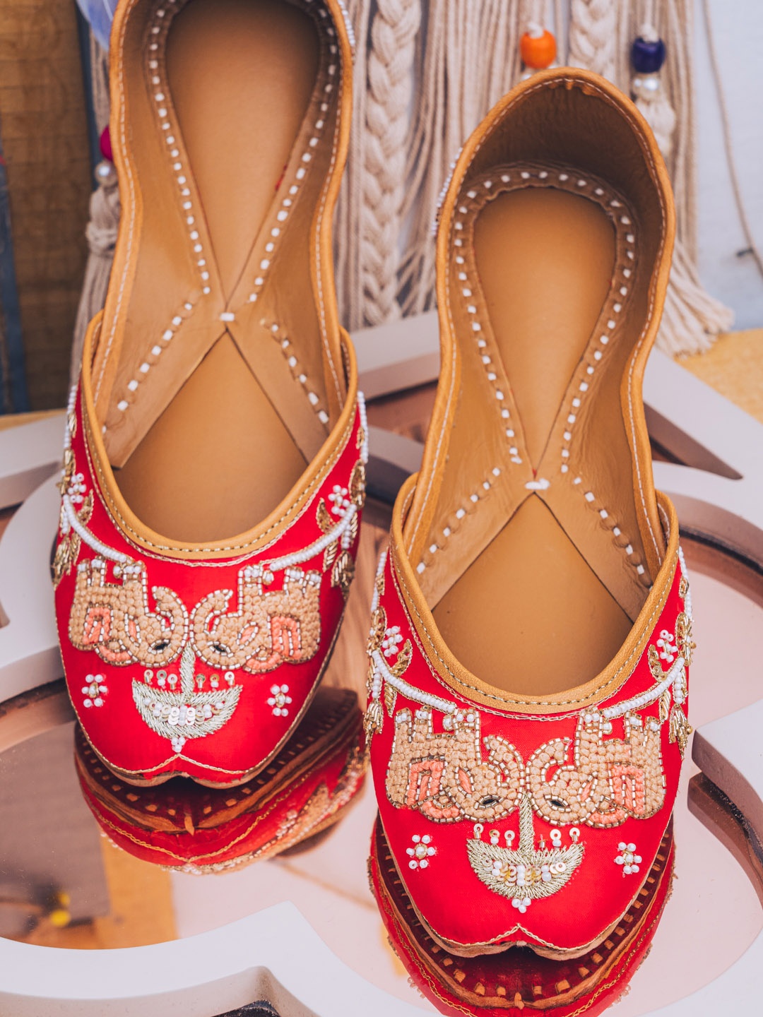 

NR By Nidhi Rathi Women Embellished Round Toe Mojaris, Red